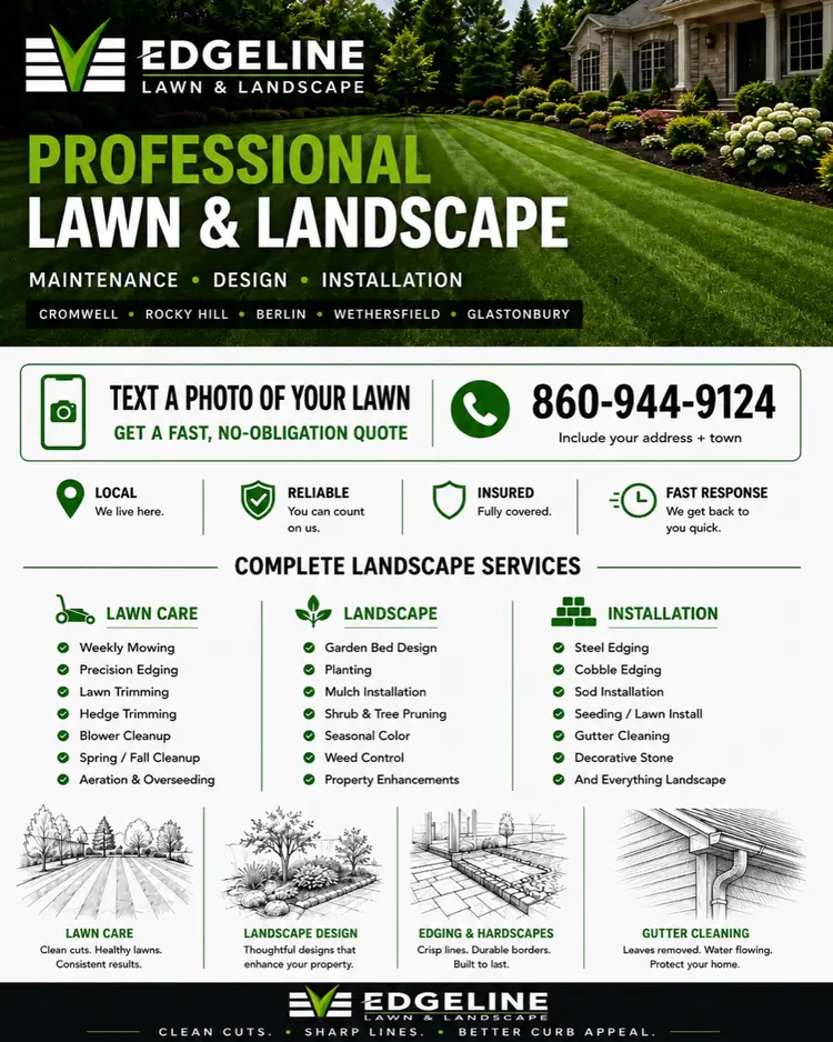 Edgeline Lawn & Landscape service guide showing lawn care, landscape design, installations, service areas, and contact information