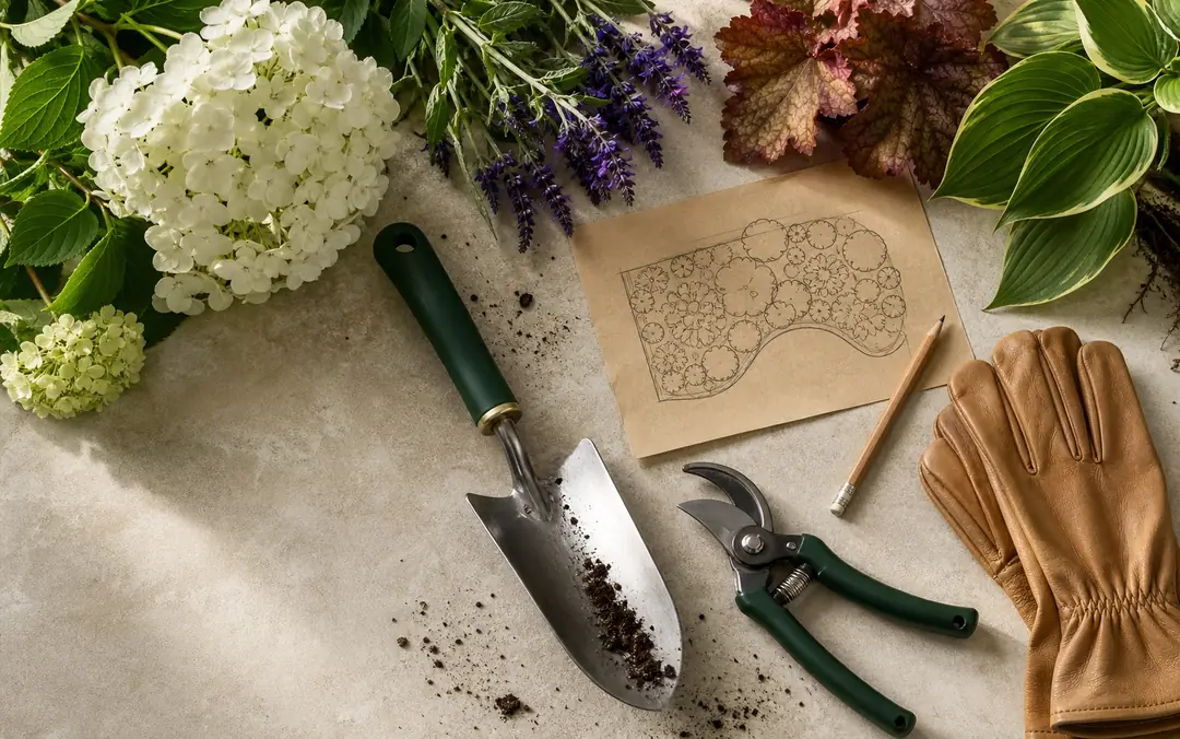 Plant specimens, garden tools, and a hand-drawn bed plan on the Edgeline Garden Lab workbench
