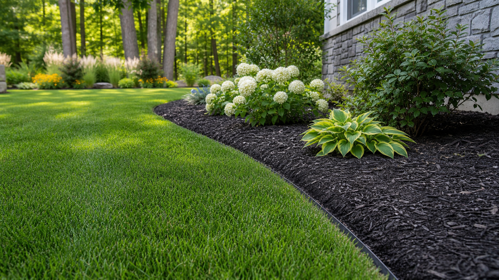 A crisp hand-cut garden-bed edge beside a healthy lawn and dark mulch